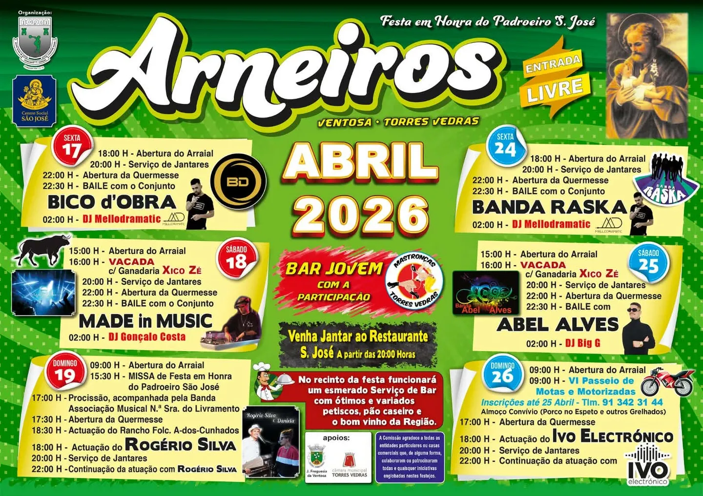 Festas de Arneiros, Torres Vedras (São José) 2026 - Agenda de Concertos