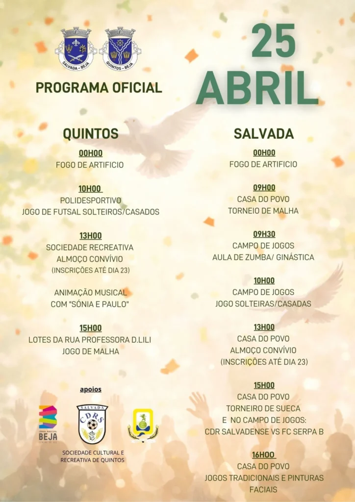 Concertos do 25 de Abril 2026 em Salvada e Quintos