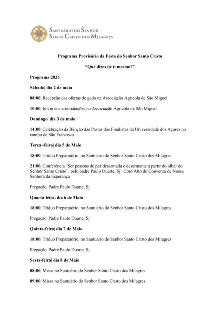 Festa do Santo Cristo dos Milagres 2026 em Ponta Delgada