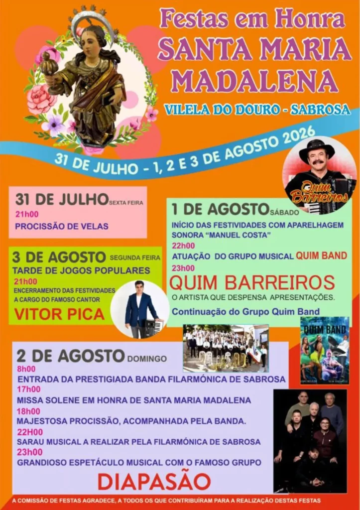 Festas de Vilela do Douro, Sabrosa (Santa Maria Madalena) 2026