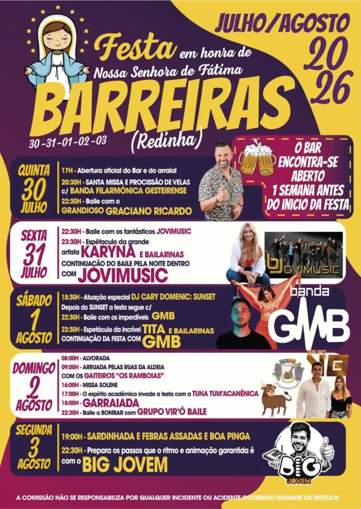 Festas de Barreiras, Redinha (Senhora de Fátima) 2026